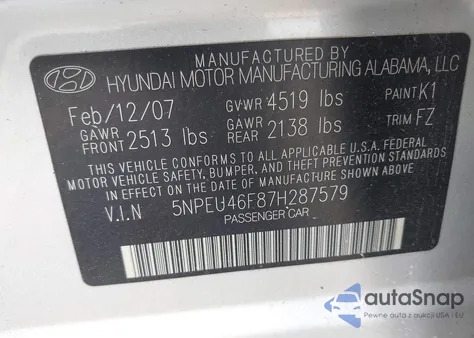 2007 Hyundai Sonata Limited/Se V6 из США, поврежденный, VIN 5NPEU46F87H287579